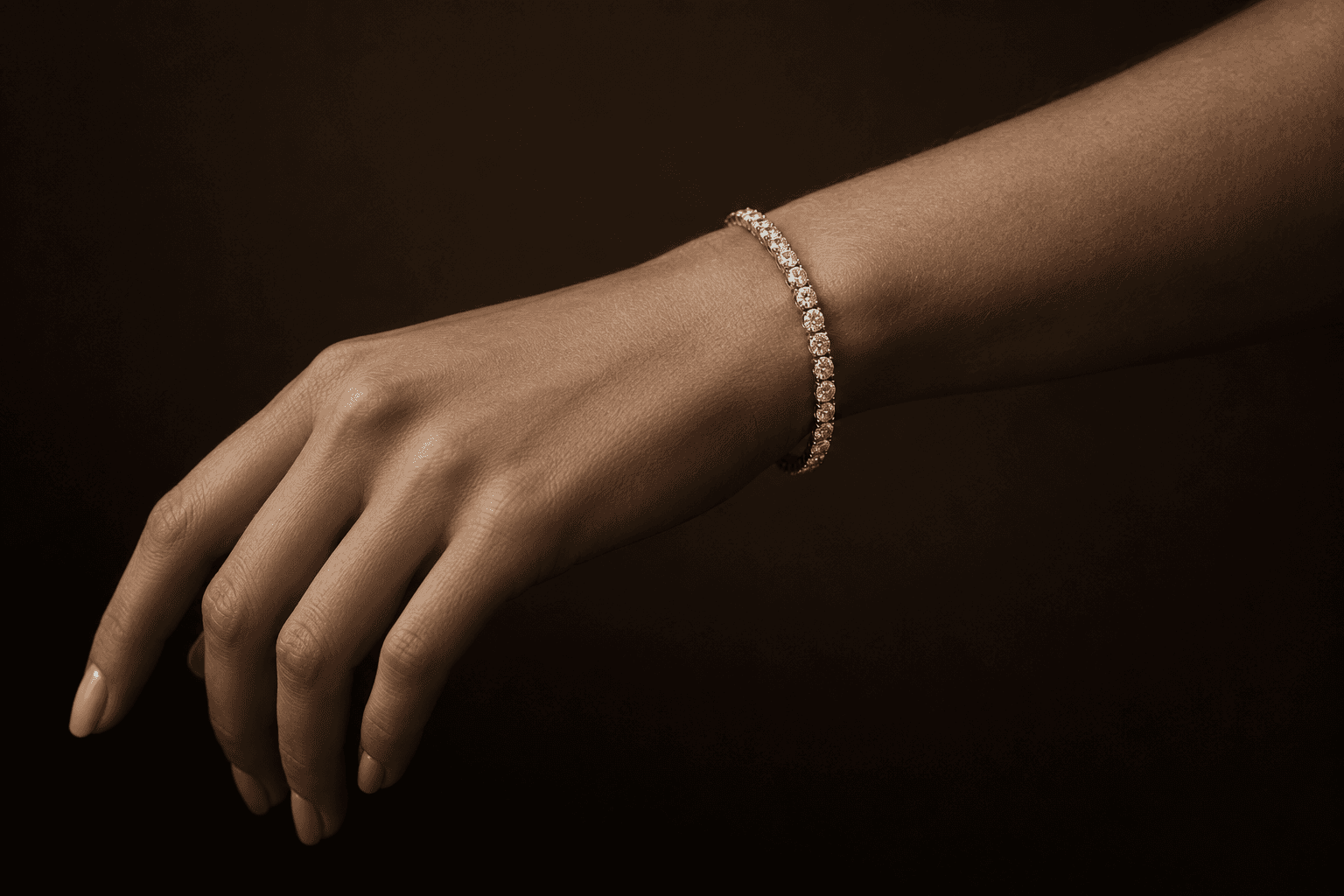 Diamond tennis bracelet worn on the wrist, hand relaxed