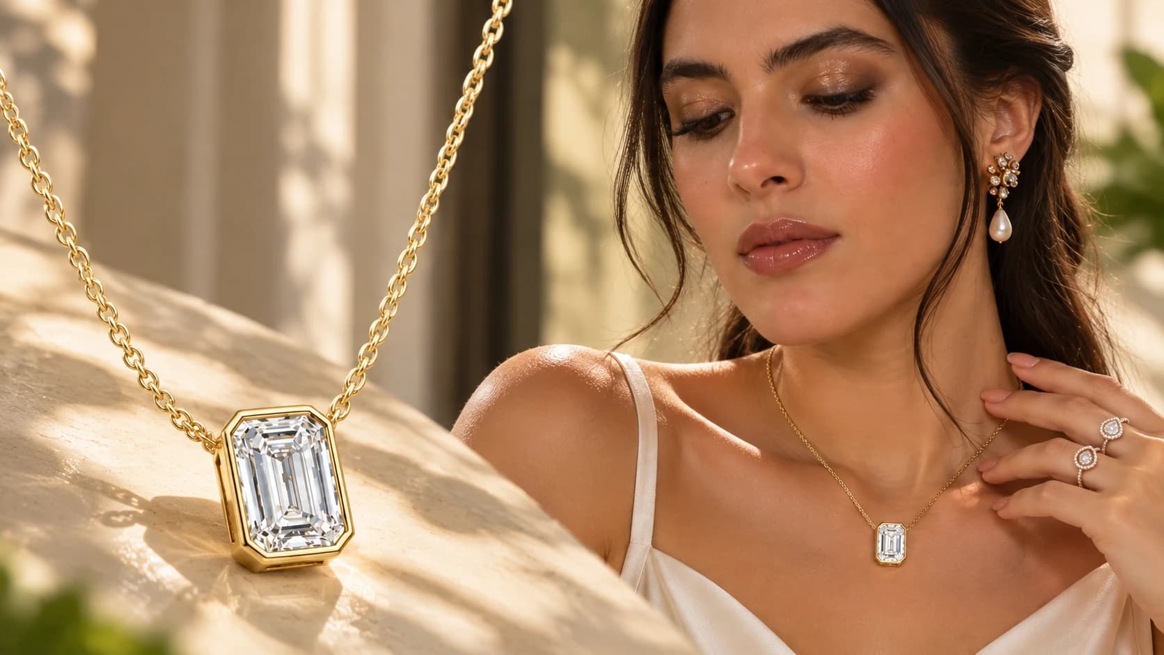 Model wearing an emerald-cut diamond bezel pendant on a yellow gold chain