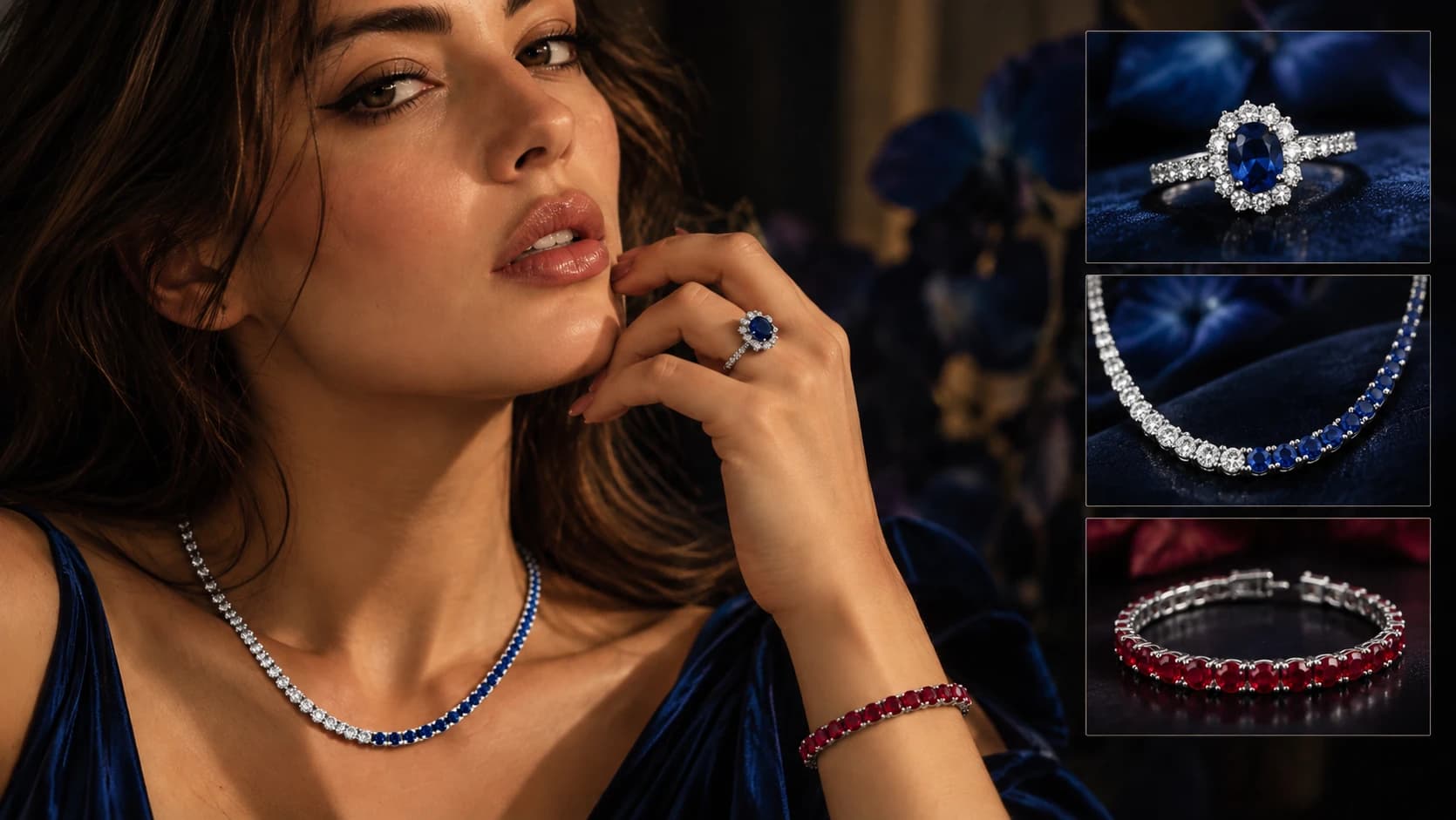 Model wearing a sapphire ring, sapphire and diamond necklace and ruby bracelet