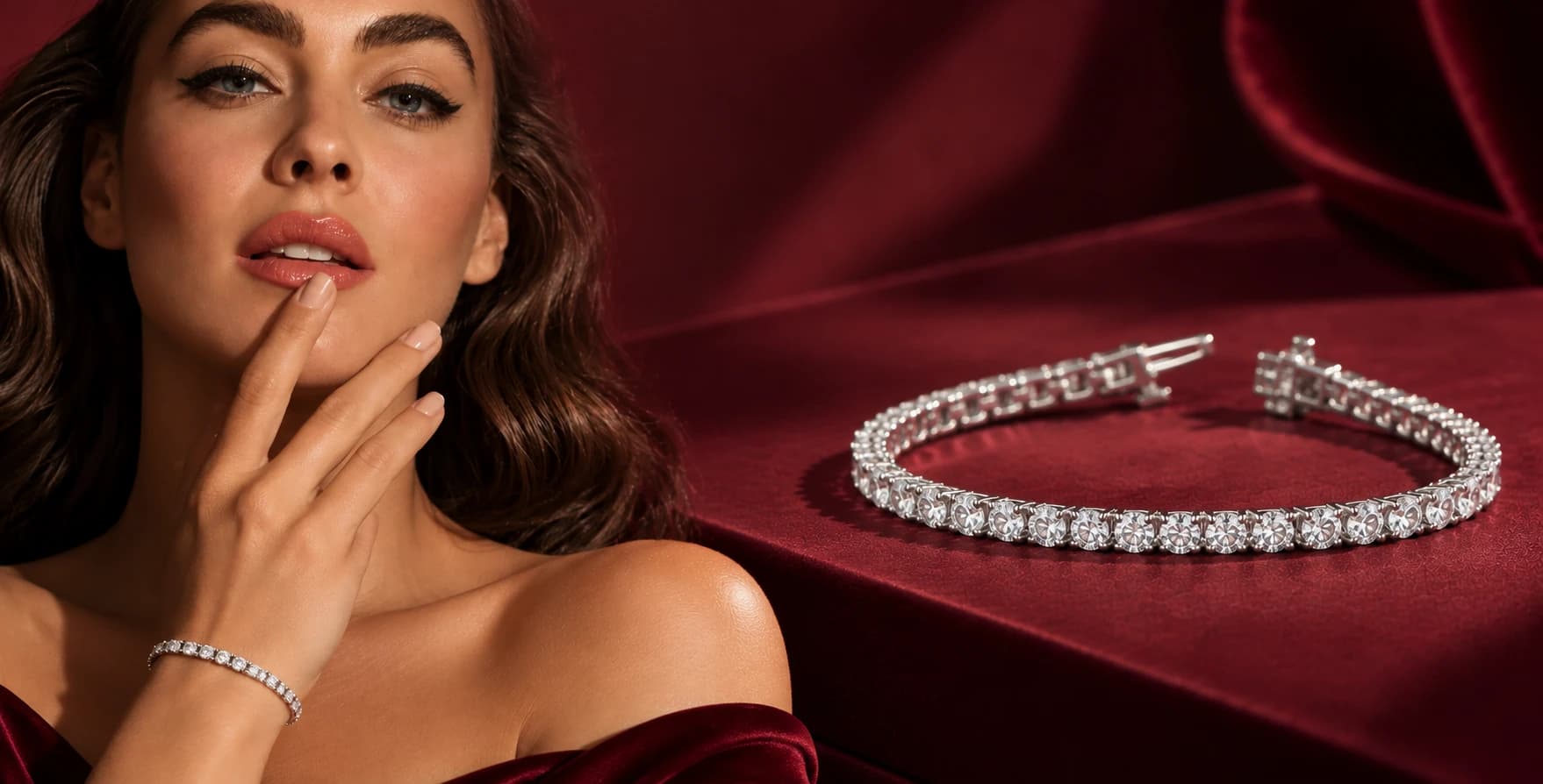 Model with a diamond tennis bracelet, the bracelet on red velvet beside her