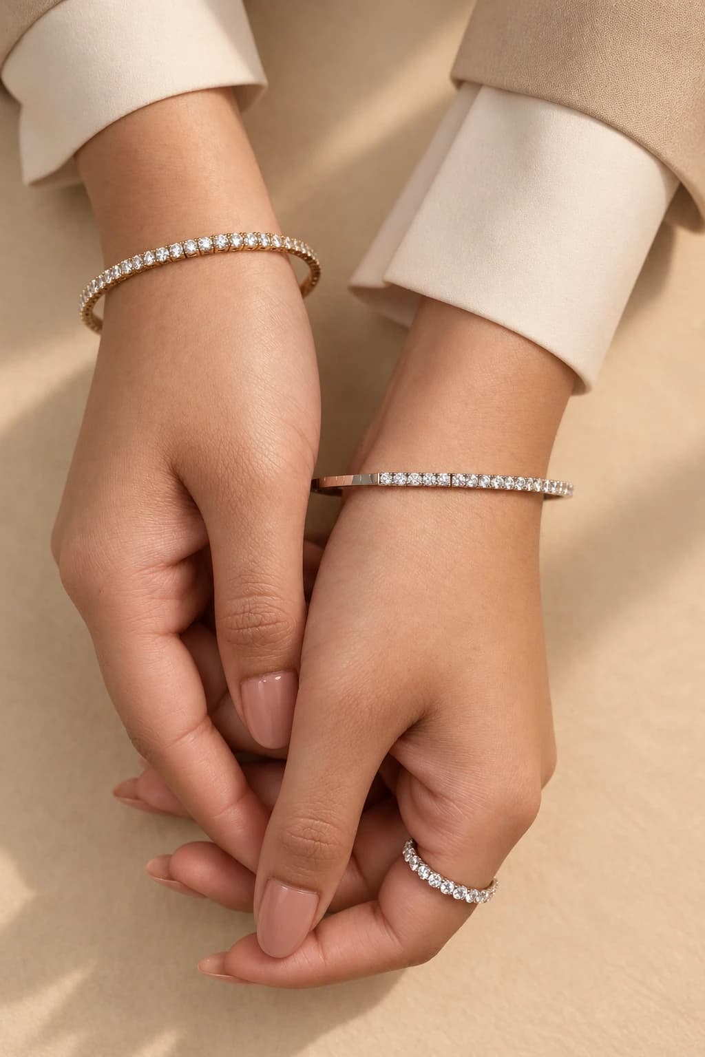 Yellow and white gold diamond flexi bangles worn on crossed wrists