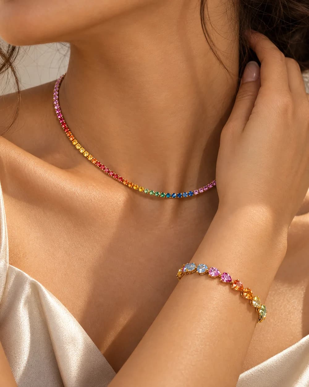 The Rainbow Tennis Set, 18k Yellow Gold, worn