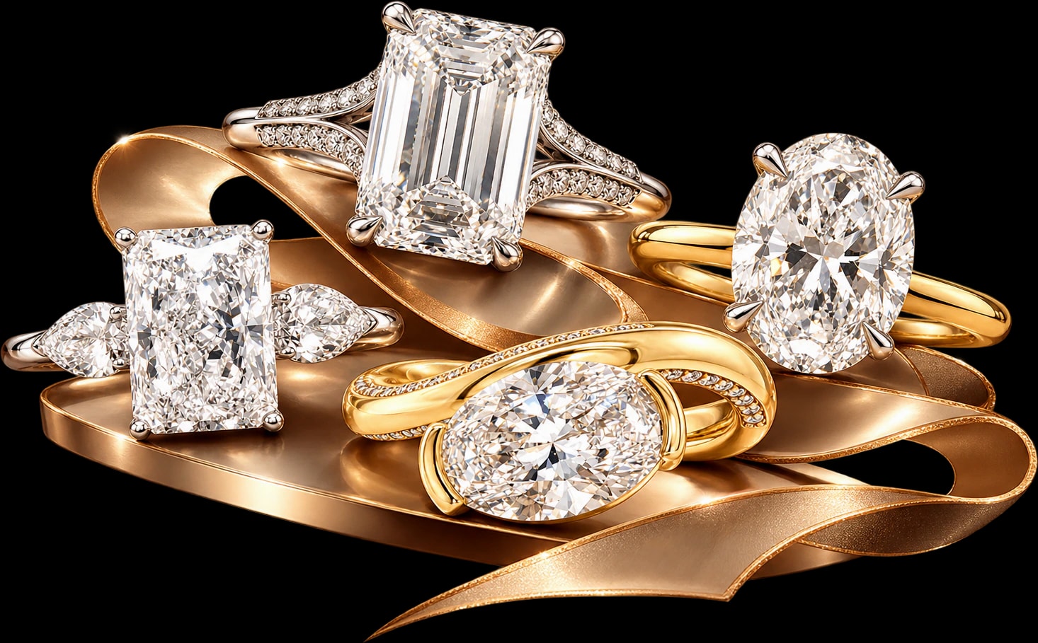 AMIPI engagement rings together on a gold ribbon